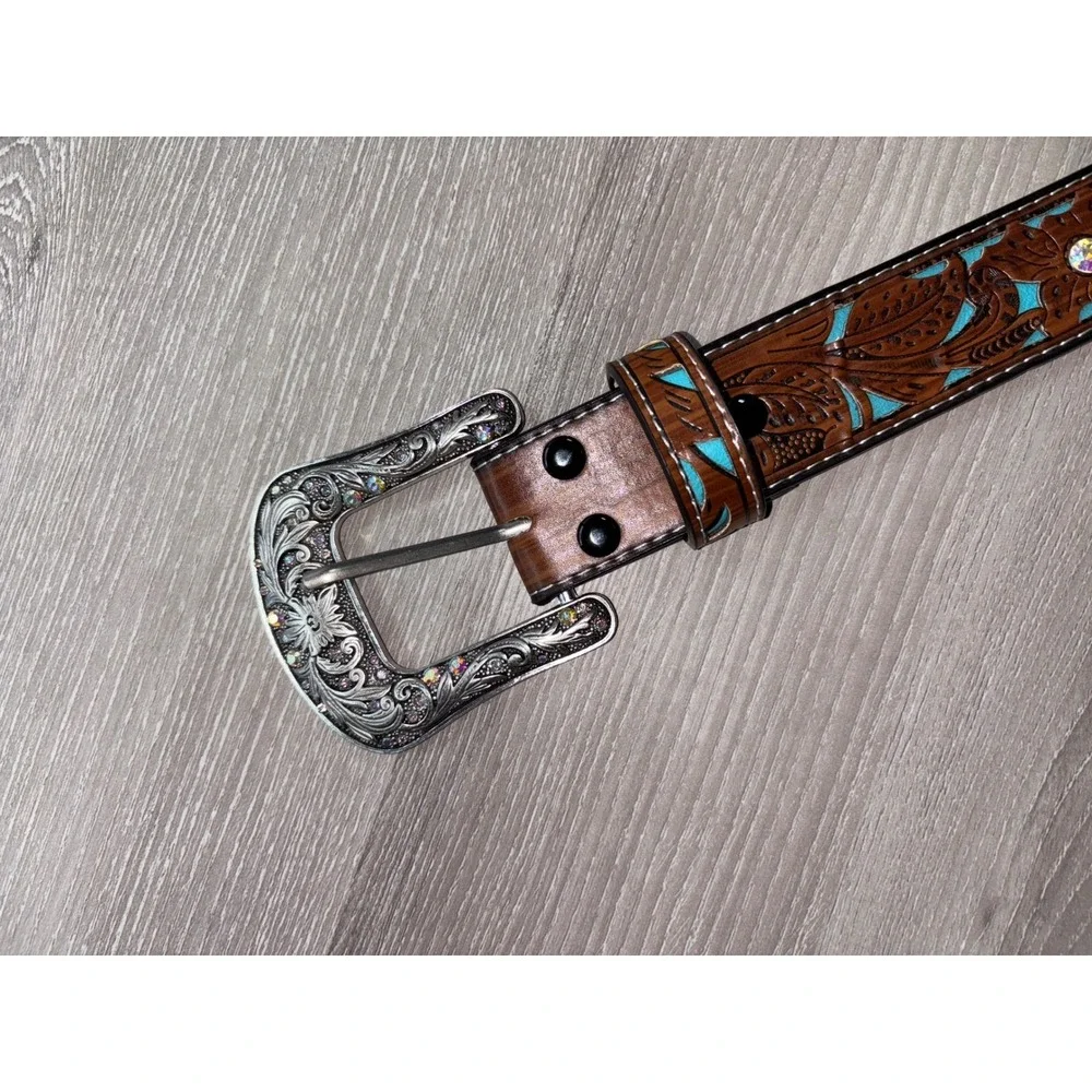 Western Floral Tooled Belt Turquoise Accents Rhinestone Buckle‎ Brown Cowgirl